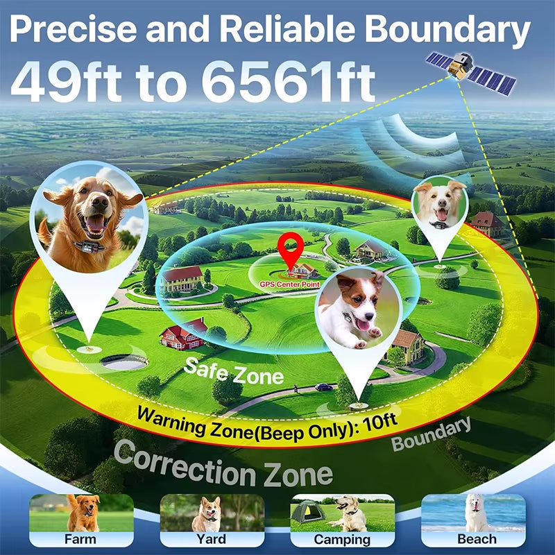 GPS Dog Wireless Fence Coverage Range 49-6561 Feet IP67 Waterproof Adjustable Training Modes GPS Positioning Outdoor Use Only