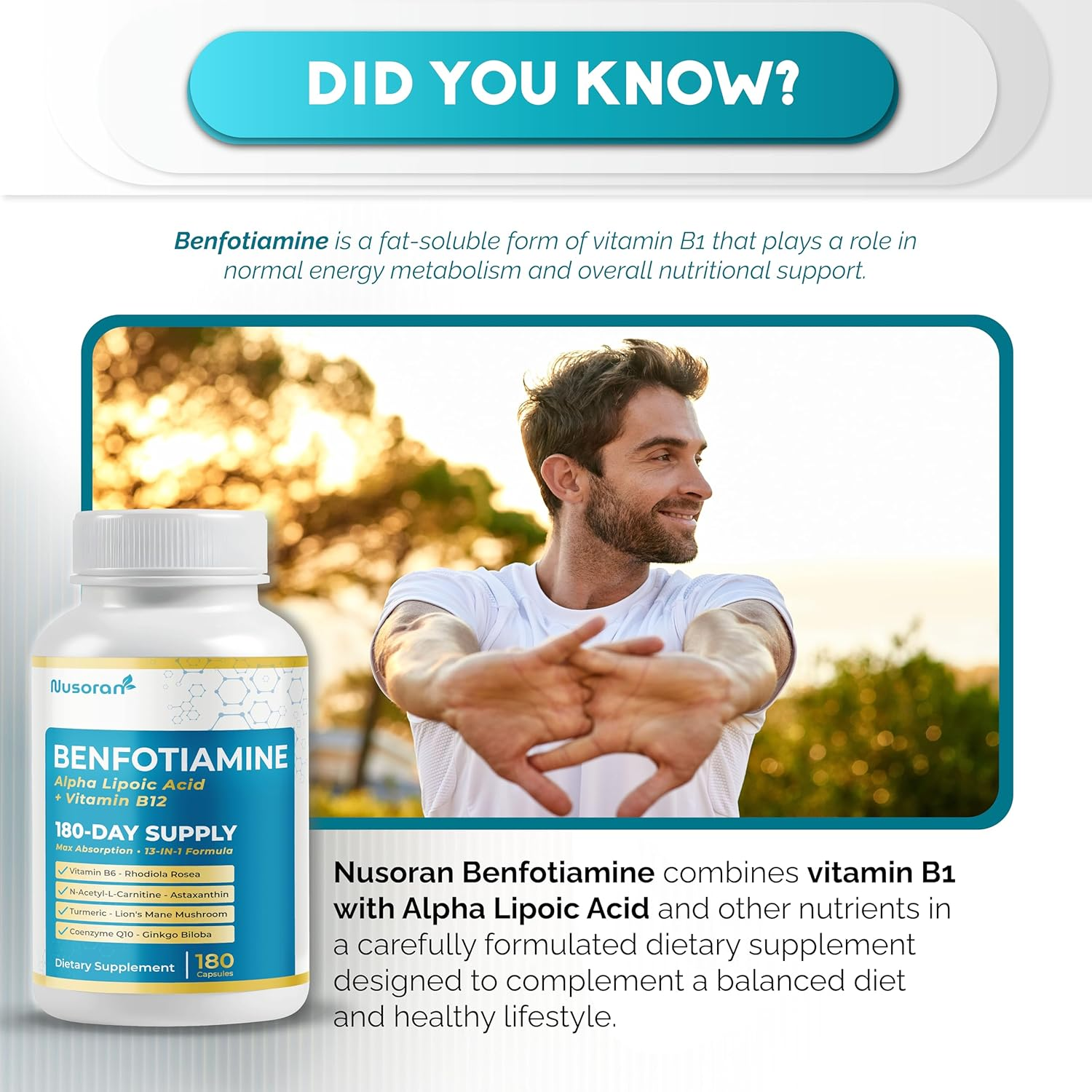 Ultra Benfotiamine - 13-In-1 with Alpha Lipoic Acid, Vitamin B12, Coq10, Rhodiola - Max Absorption -180 Capsules - Non-Gmo, Gluten-Free, Lab Tested Image secondaire du produit