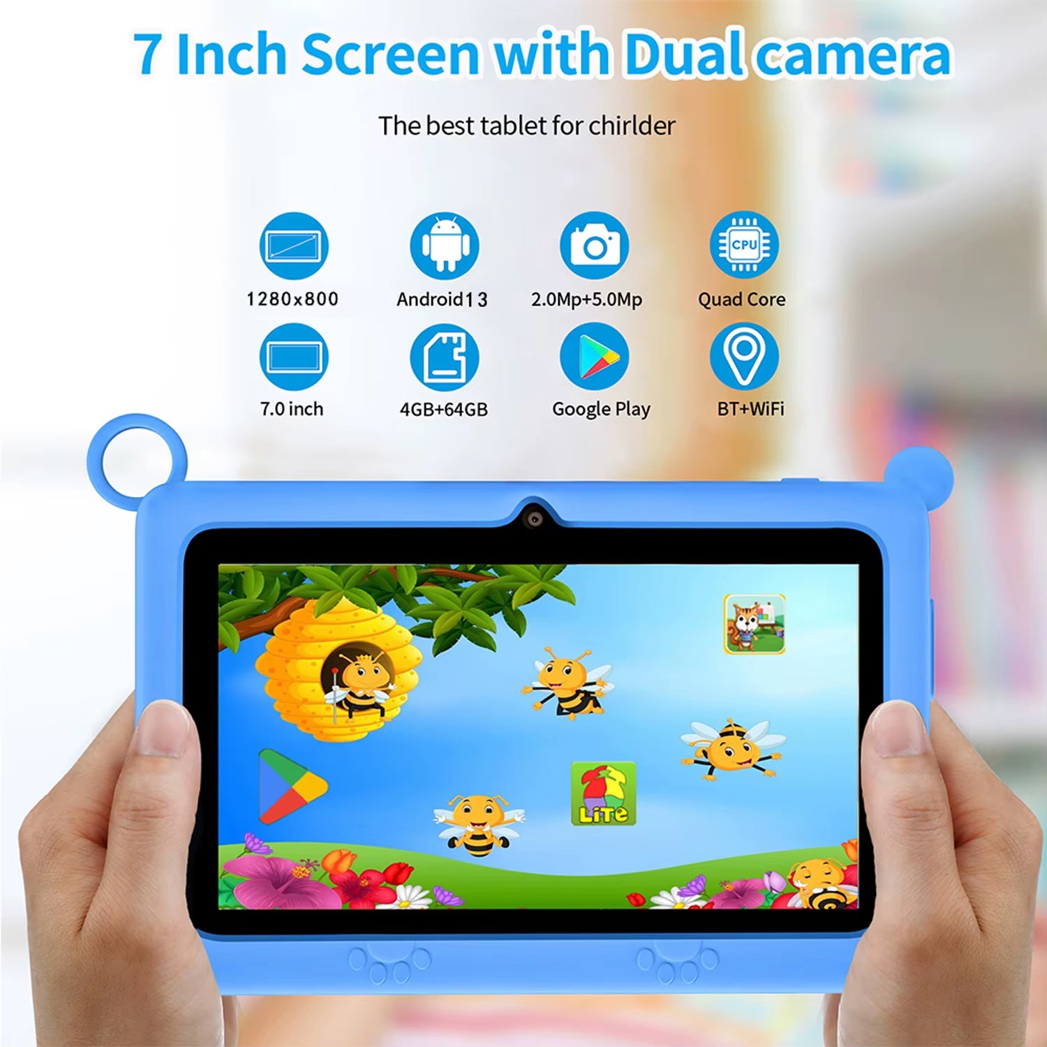 New Global Android Version 7 Inch Tablets Quad Core 4GB+64GB ROM 5G WiFi Google Kids Tablets Portable Kids-Proof Protective Case