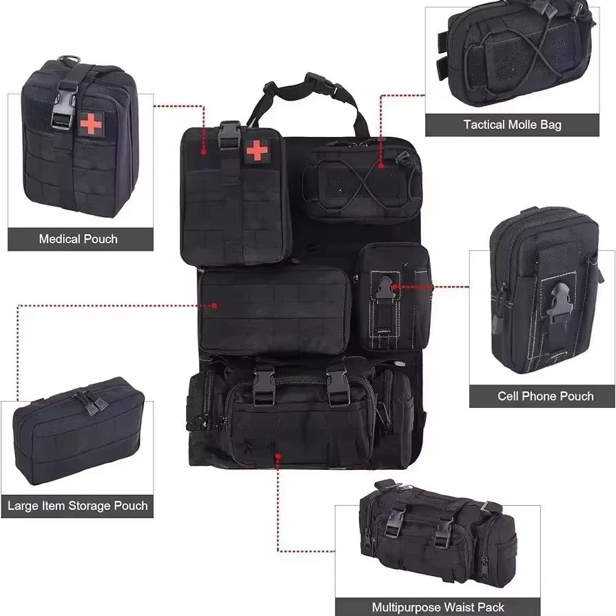 Tactical Seat Back Organizer Vehicle Molle Panel Storage, with 5 Detachable Molle Pouches, Universal Car Seat Organizer