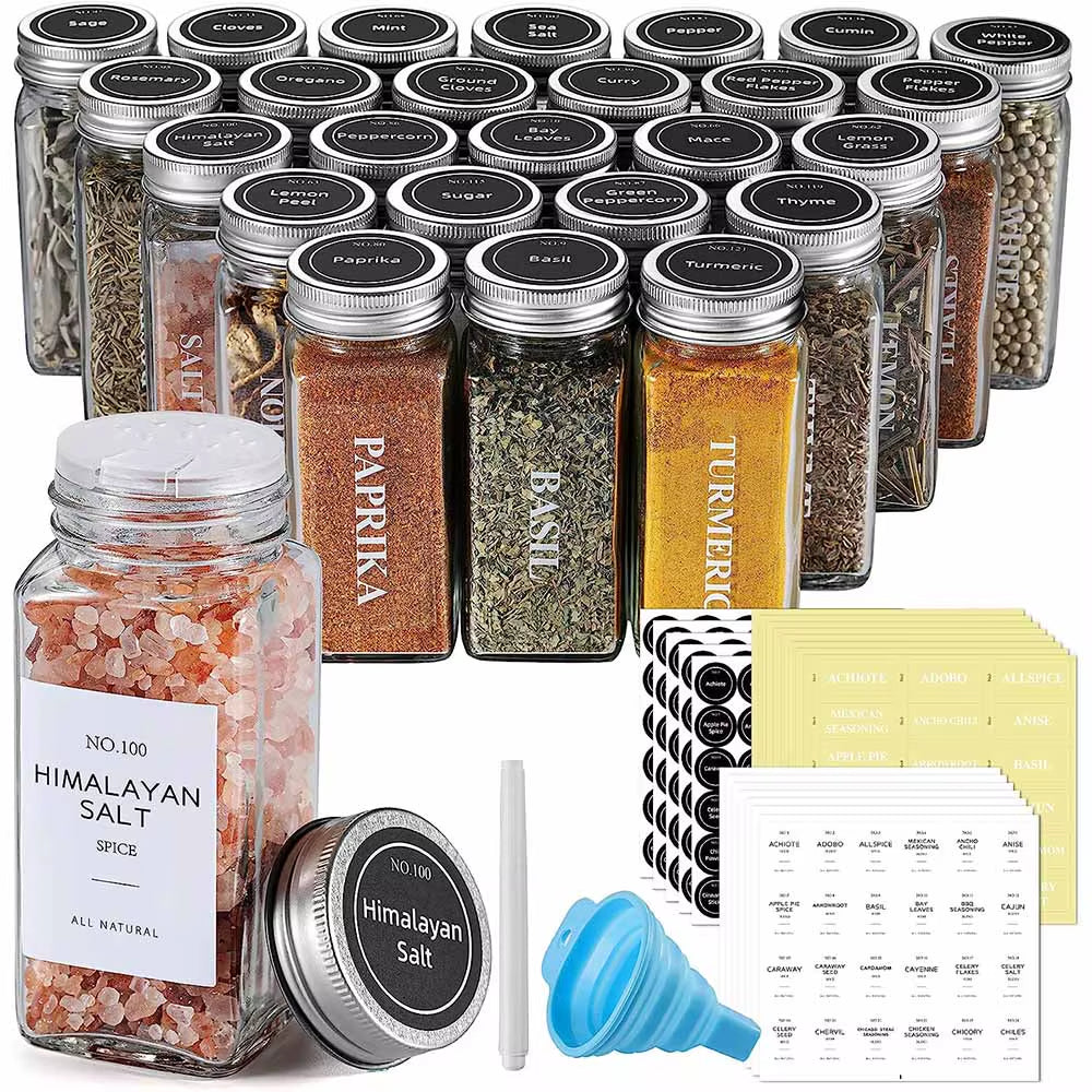 Spice Jars with Labels Glass Spice Jars with Shaker Lids, Collapsible Funnel 4Oz Seasoning Containers Bottles