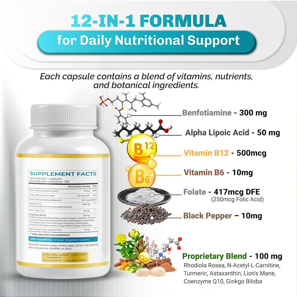Ultra Benfotiamine - 13-In-1 with Alpha Lipoic Acid, Vitamin B12, Coq10, Rhodiola - Max Absorption -180 Capsules - Non-Gmo, Gluten-Free, Lab Tested
