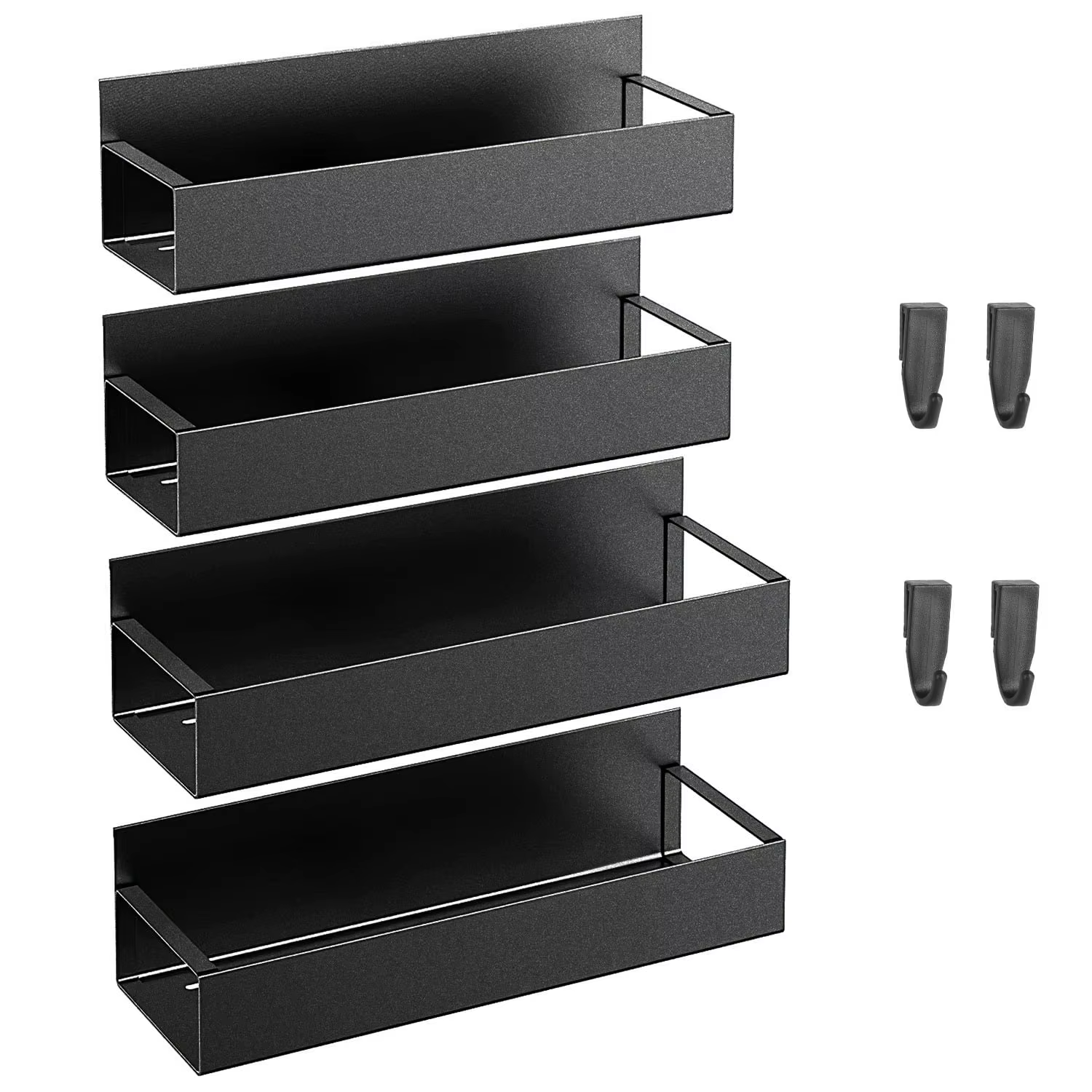 4 Pack Magnetic Fridge Spice Rack, Rustproof Steel Matte Black Storage Shelf with Hooks for Kitchen Organization Main image