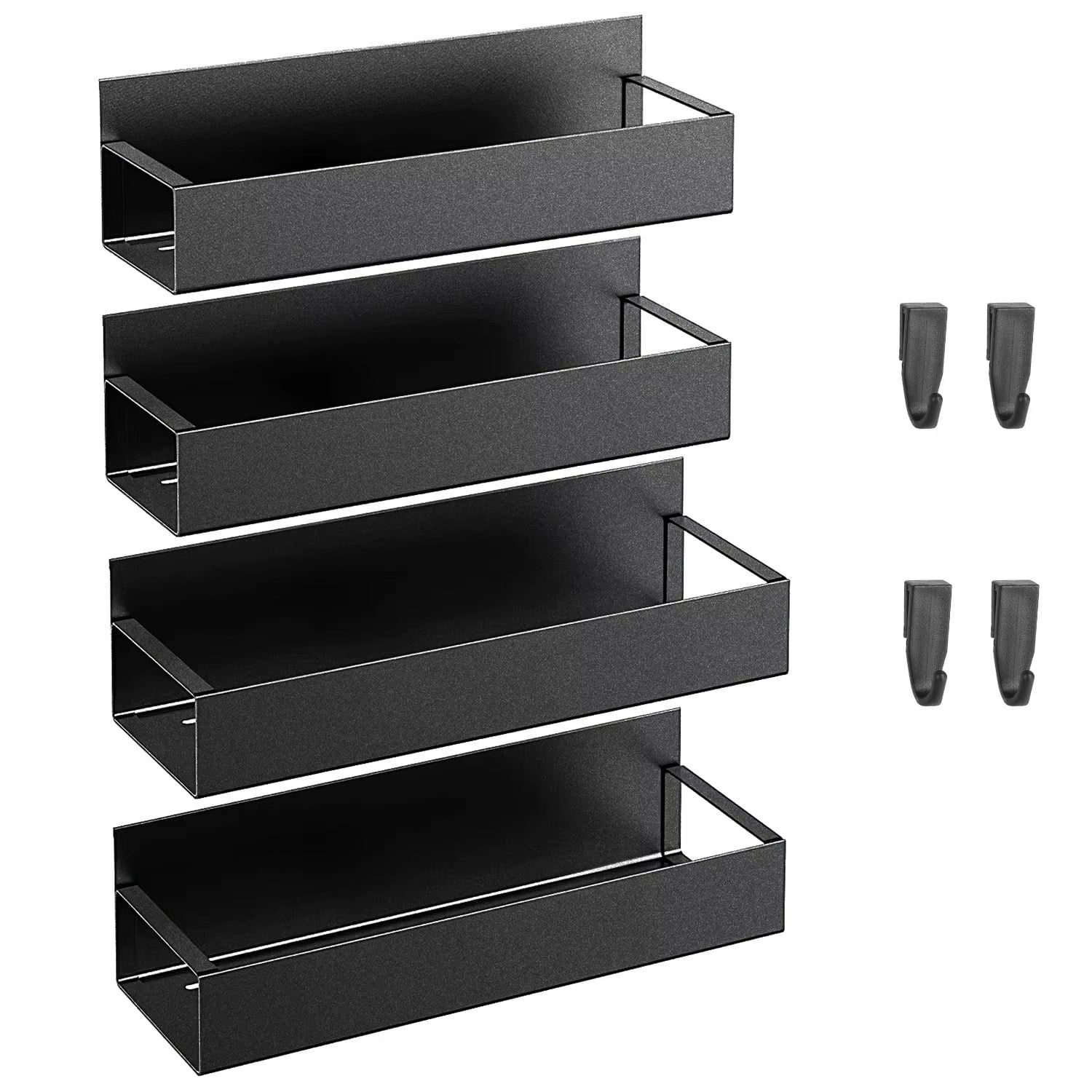 4 Pack Magnetic Fridge Spice Rack, Rustproof Steel Matte Black Storage Shelf with Hooks for Kitchen Organization