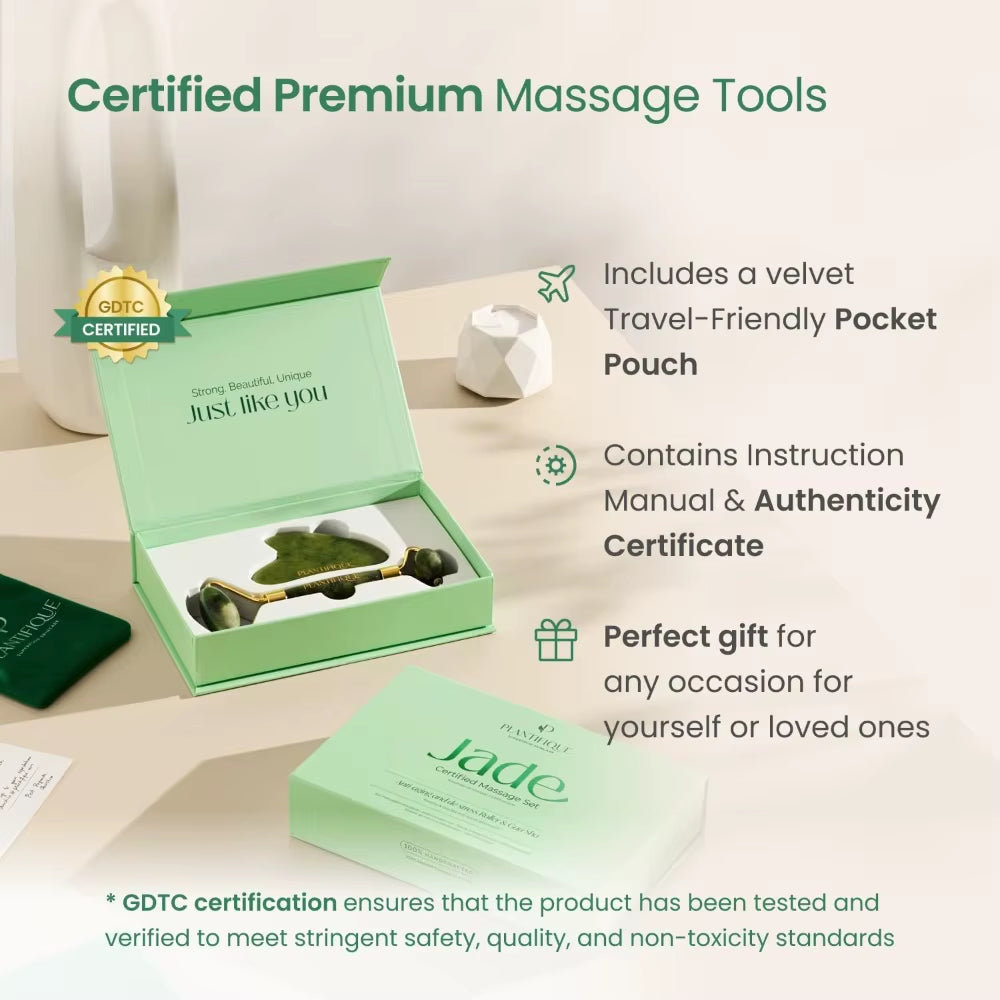 Jade Roller & Gua Sha Set – Real Jade Facial Tools for Skin Care Routine – Certified Face Massager for Radiant Skin
