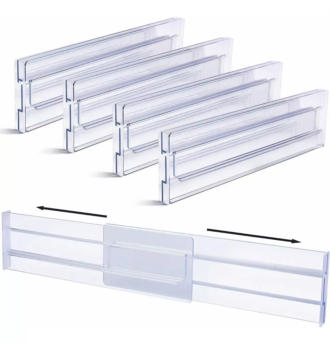Drawer Dividers Organizers 4 Pack, Adjustable 8Cm High Expandable from 27.5-52Cm Kitchen Drawer Organizer, Clear Plastic Main image