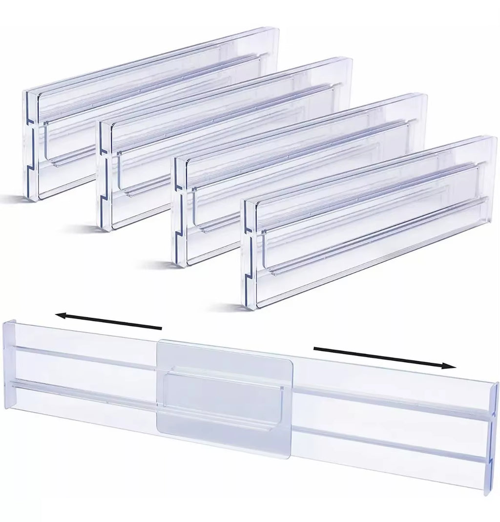 Drawer Dividers Organizers 4 Pack, Adjustable 8Cm High Expandable from 27.5-52Cm Kitchen Drawer Organizer, Clear Plastic