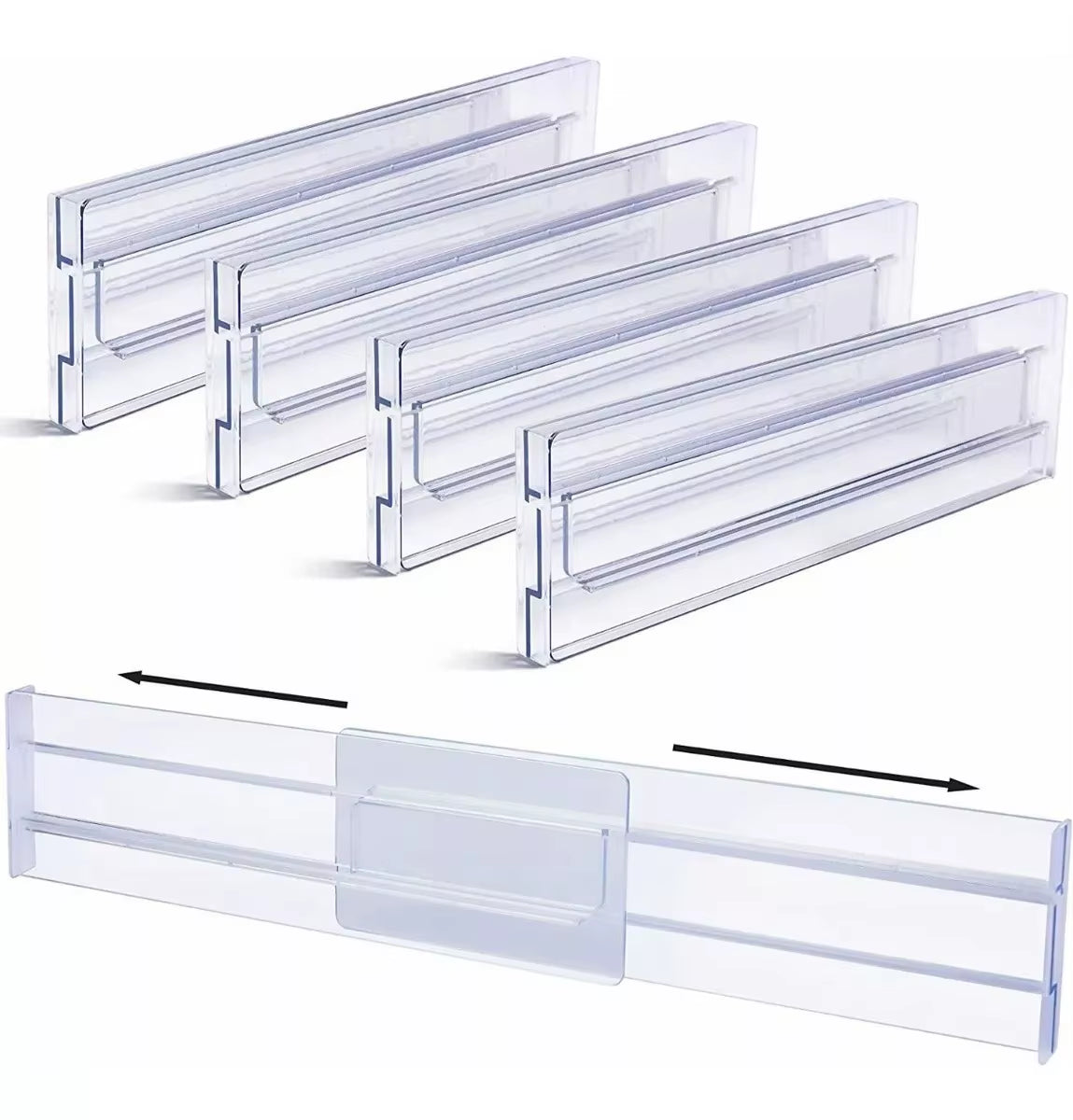 Drawer Dividers Organizers 4 Pack, Adjustable 8Cm High Expandable from 27.5-52Cm Kitchen Drawer Organizer, Clear Plastic