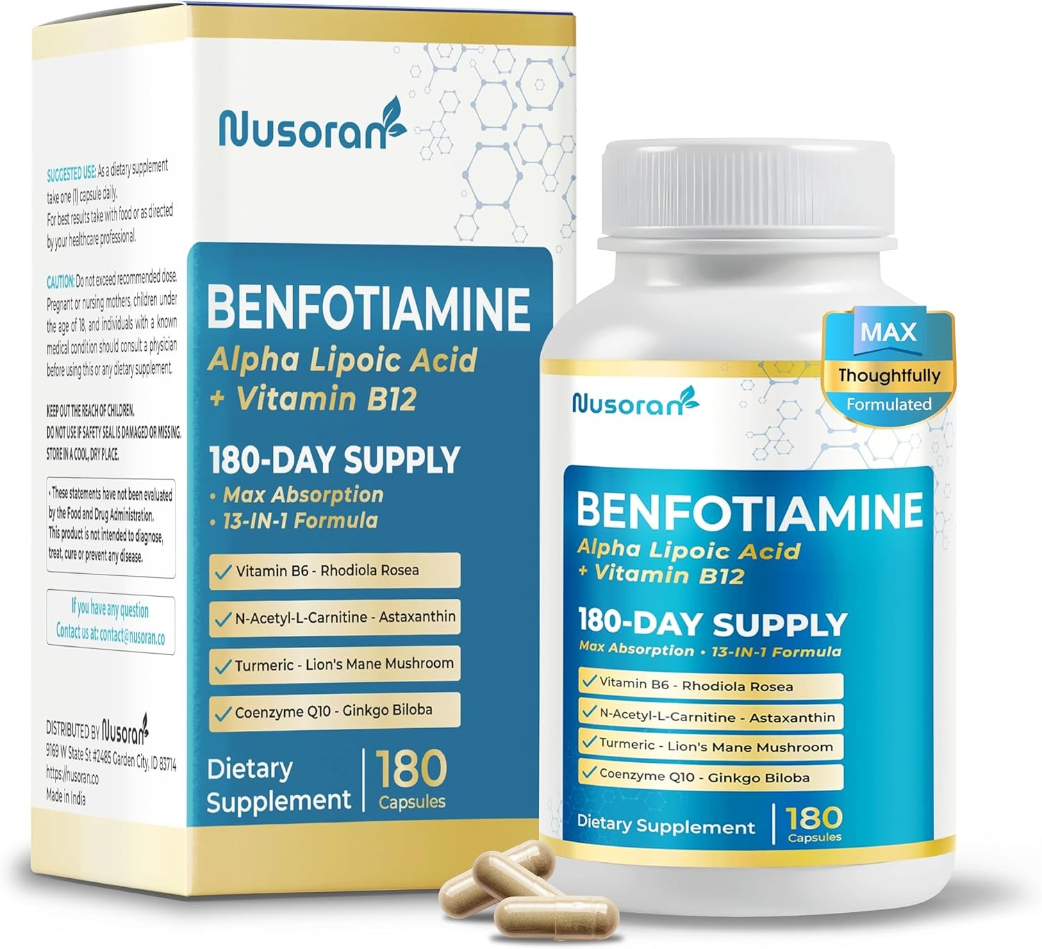 Ultra Benfotiamine - 13-In-1 with Alpha Lipoic Acid, Vitamin B12, Coq10, Rhodiola - Max Absorption -180 Capsules - Non-Gmo, Gluten-Free, Lab Tested Image principale du produit