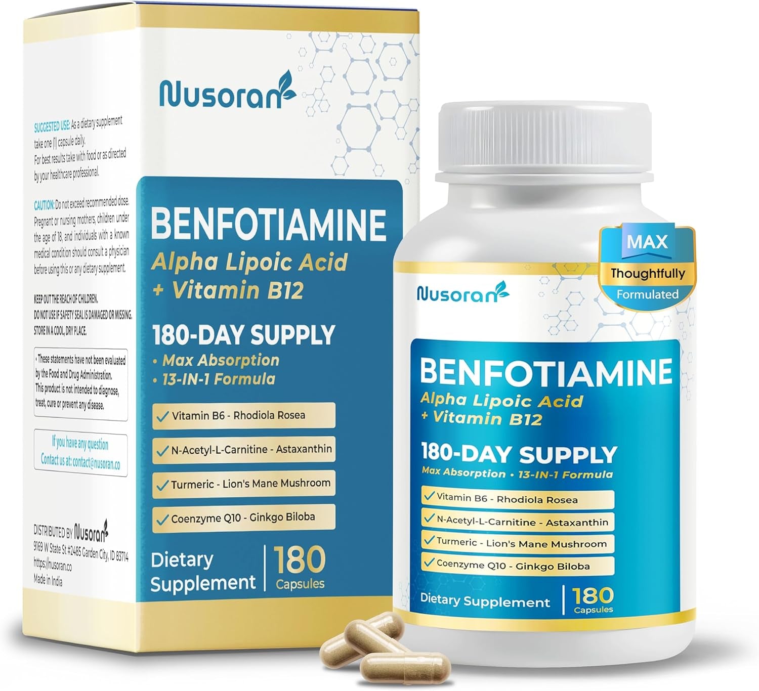 Ultra Benfotiamine - 13-In-1 with Alpha Lipoic Acid, Vitamin B12, Coq10, Rhodiola - Max Absorption -180 Capsules - Non-Gmo, Gluten-Free, Lab Tested