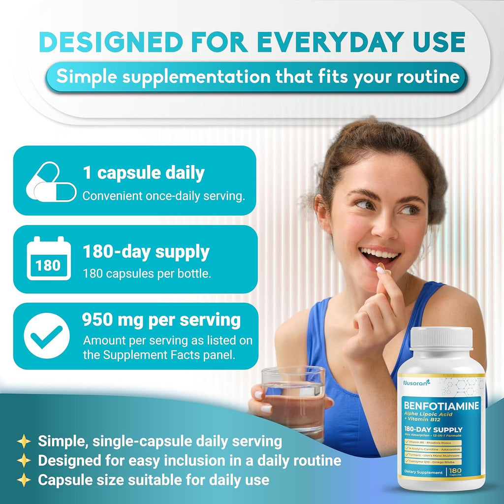 Ultra Benfotiamine - 13-In-1 with Alpha Lipoic Acid, Vitamin B12, Coq10, Rhodiola - Max Absorption -180 Capsules - Non-Gmo, Gluten-Free, Lab Tested