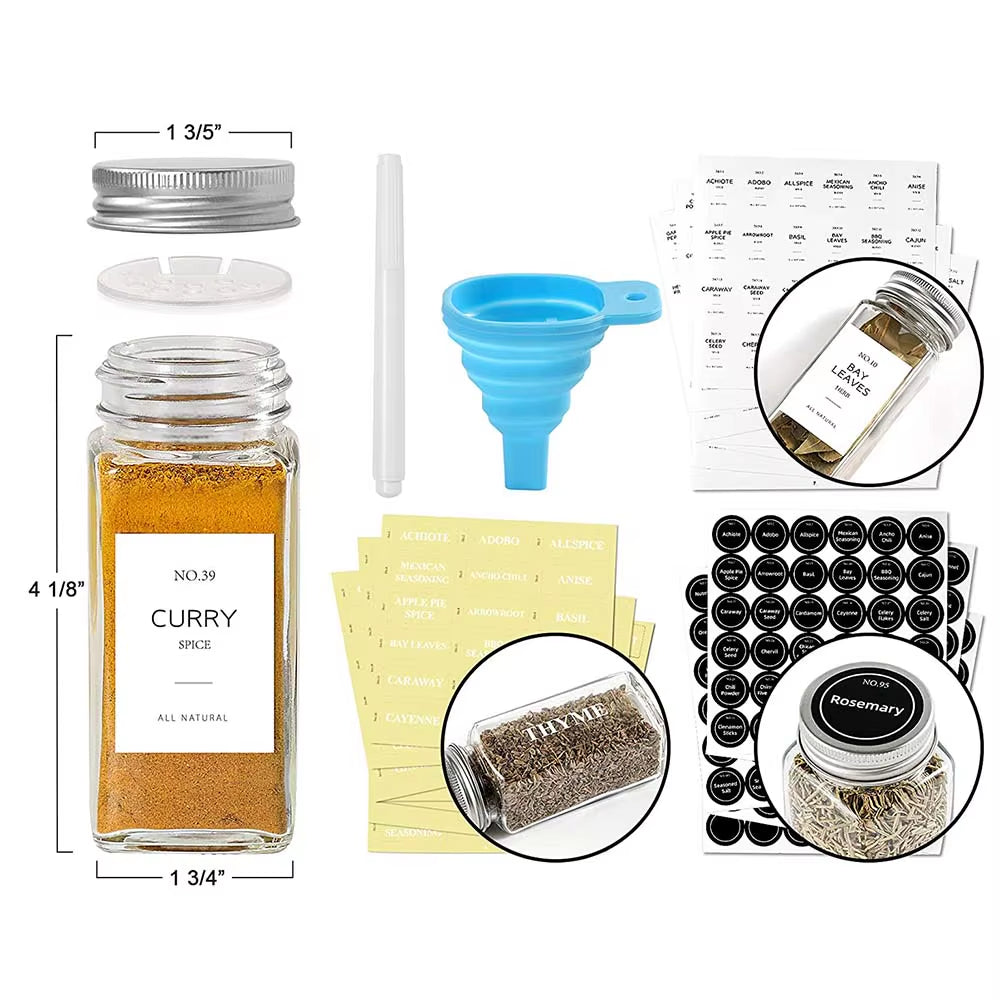 Spice Jars with Labels Glass Spice Jars with Shaker Lids, Collapsible Funnel 4Oz Seasoning Containers Bottles