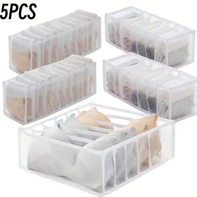5-Pack Home Storage Boxes Foldable Plaid Underwear Combination Bags - Nylon Drawer Dividers for Socks, Panties and Underwear