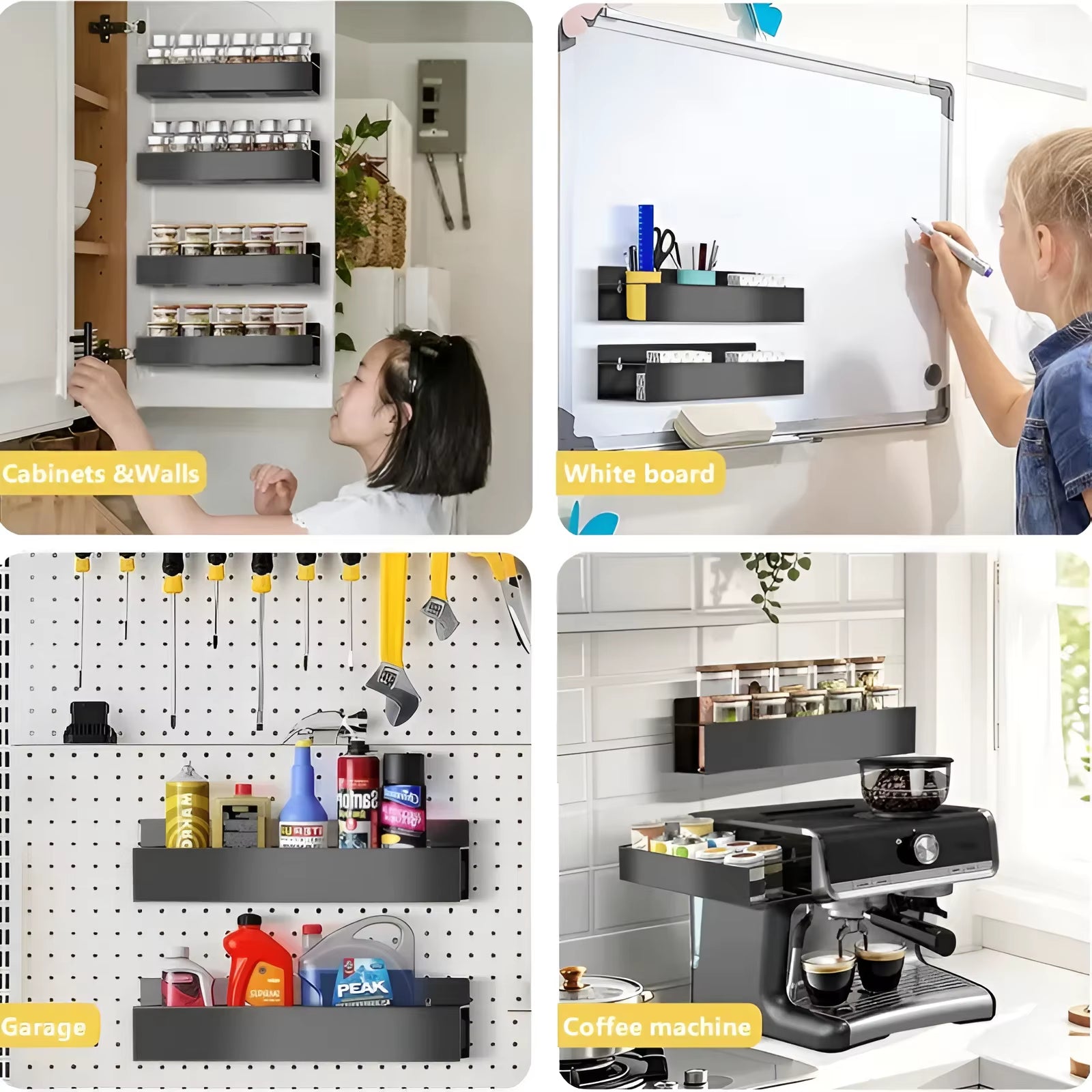 4 Pack Magnetic Fridge Spice Rack, Rustproof Steel Matte Black Storage Shelf with Hooks for Kitchen Organization