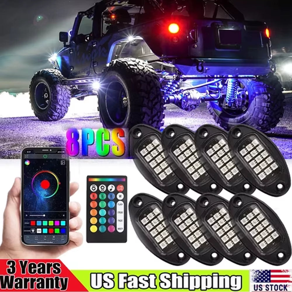 High Quality 8Pods RGB LED Rock Lights APP Control for Jeep Off-Road Truck UTV ATV Underbody Wheel Lights Car LED Chassis Strip