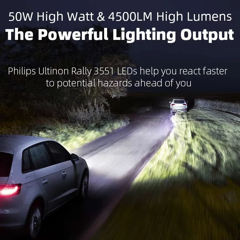 Philips Ultinon Rally 3551 LED H4 H7 H11 HB3/4 H18 H19 HIR2 Car Headlight 6500K White Max Power 100W Max Lumen 9000Lm LED Bulb