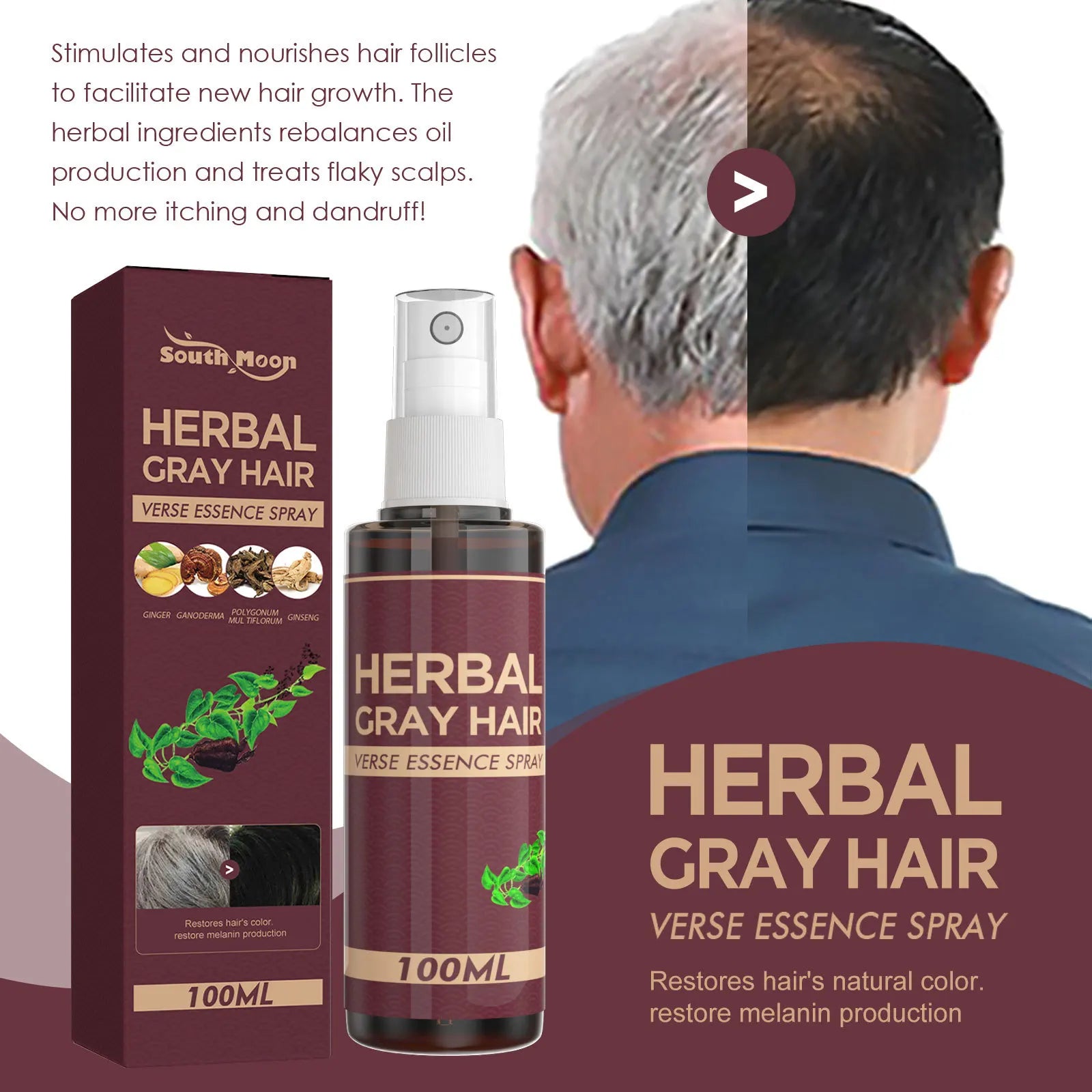 Southmoon 100ml Hair Darkening Herbal Spray White To Black Natural Color Repair Anti Grey Reduce Hair Loss Herbal Haircare Serum Imagem secundária do produto