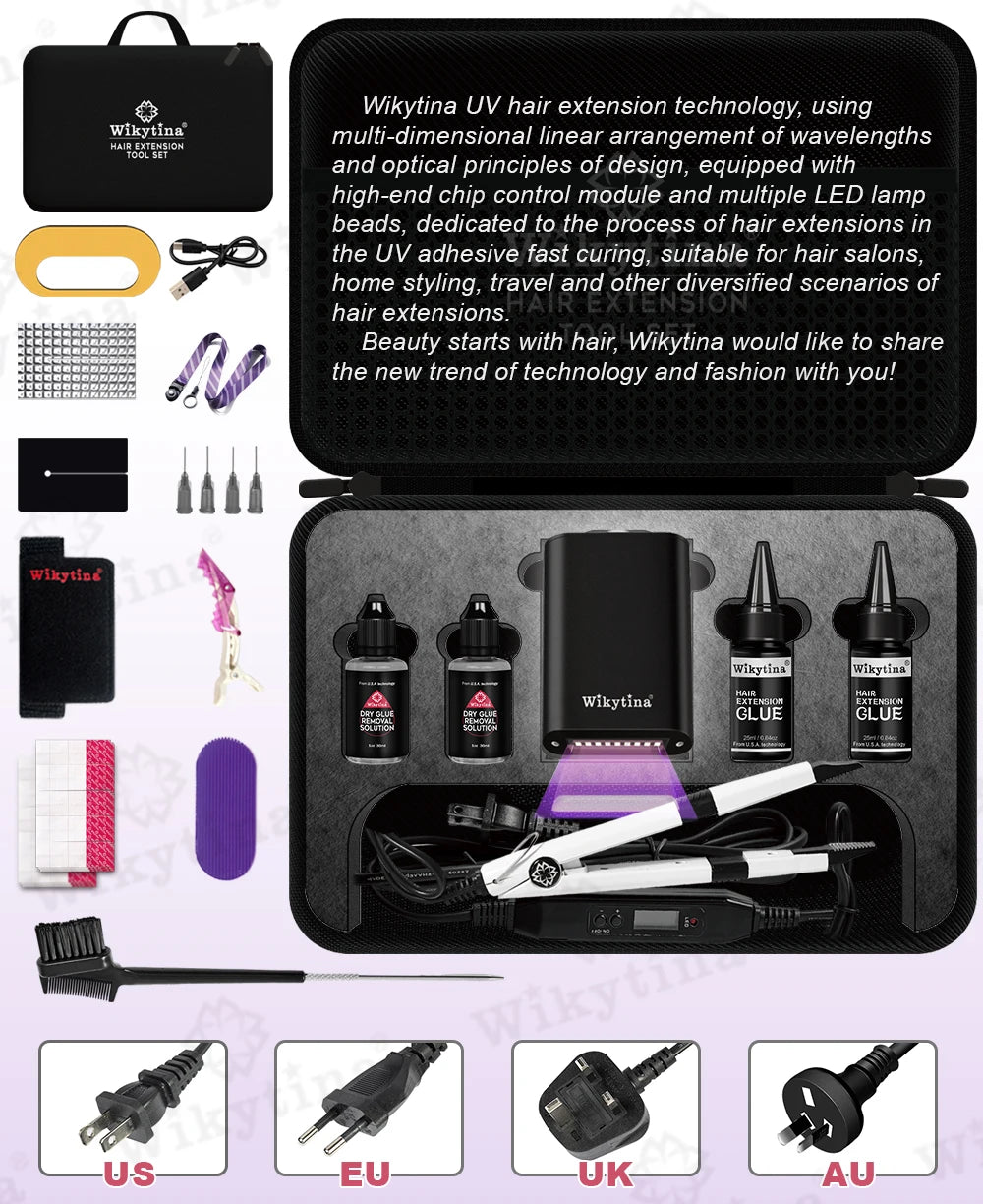 2025 Original V UV Light Hair Extension Kit Complete Set with Long-Lasting UV Glue and  Remover Machine - Salon Styling Tools