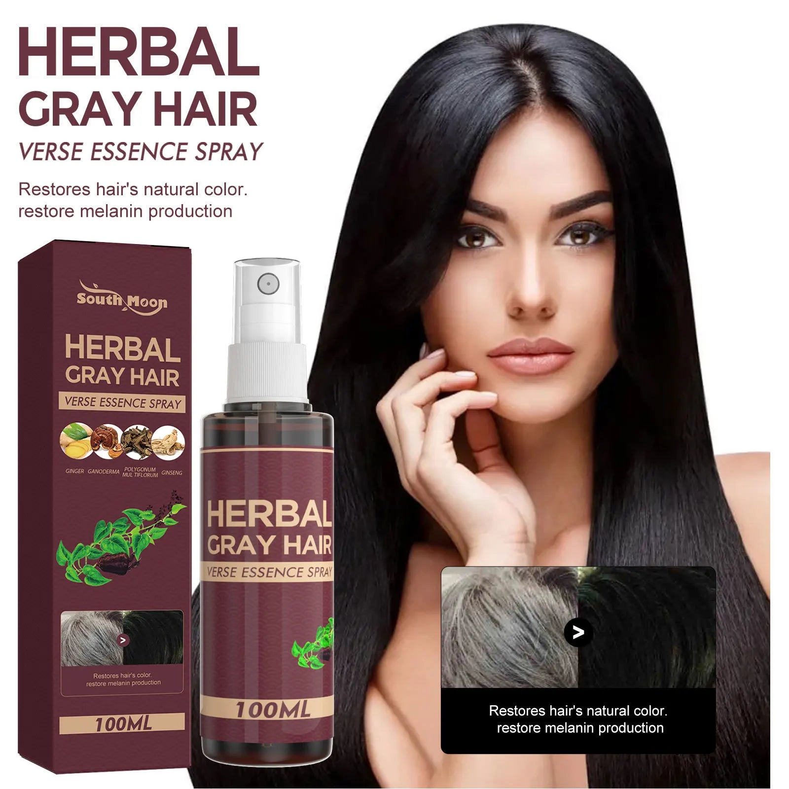 Southmoon 100ml Hair Darkening Herbal Spray White To Black Natural Color Repair Anti Grey Reduce Hair Loss Herbal Haircare Serum Imagem principal do produto