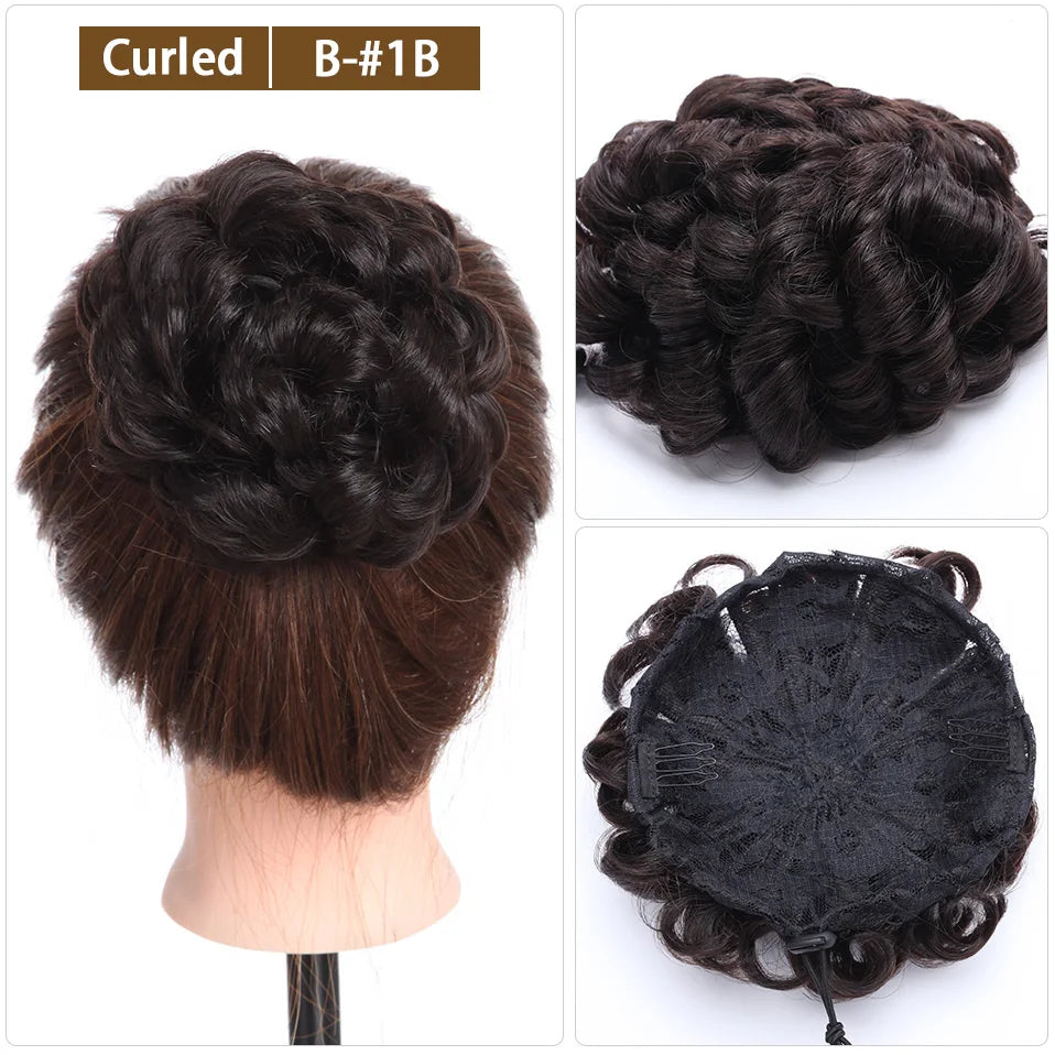 S-noilite 30g Hair Bun Curly Or Straight Chignon 100% Human Hair Donut Hairpiece Brown Blonde Headwear Wrap On Elastic Scrunchie