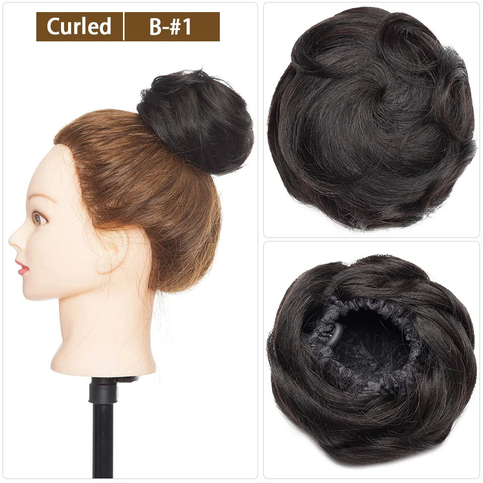 S-noilite 30g Hair Bun Curly Or Straight Chignon 100% Human Hair Donut Hairpiece Brown Blonde Headwear Wrap On Elastic Scrunchie