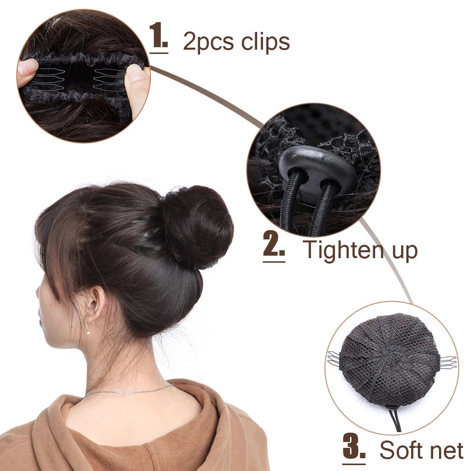 S-noilite 30g Hair Bun Curly Or Straight Chignon 100% Human Hair Donut Hairpiece Brown Blonde Headwear Wrap On Elastic Scrunchie