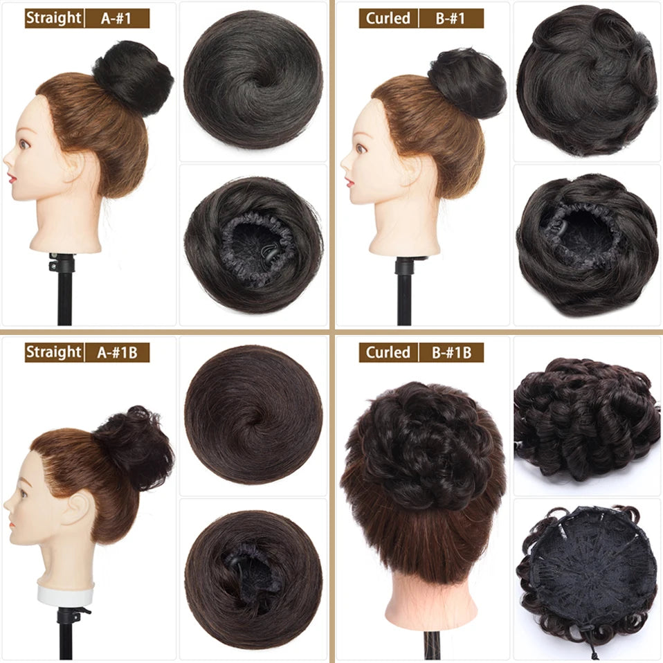 S-noilite 30g Hair Bun Curly Or Straight Chignon 100% Human Hair Donut Hairpiece Brown Blonde Headwear Wrap On Elastic Scrunchie