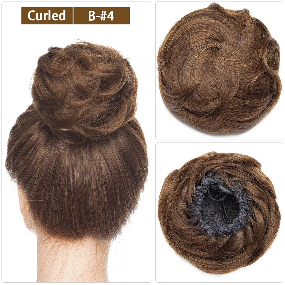 S-noilite 30g Hair Bun Curly Or Straight Chignon 100% Human Hair Donut Hairpiece Brown Blonde Headwear Wrap On Elastic Scrunchie