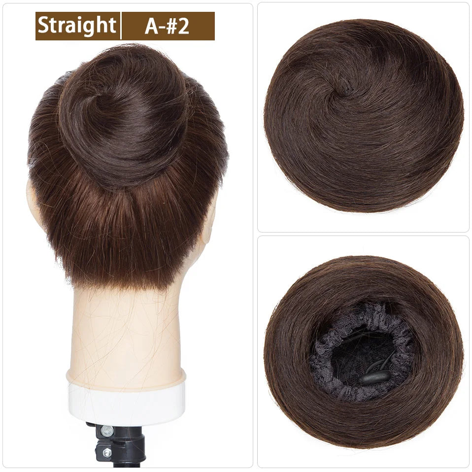 S-noilite 30g Hair Bun Curly Or Straight Chignon 100% Human Hair Donut Hairpiece Brown Blonde Headwear Wrap On Elastic Scrunchie