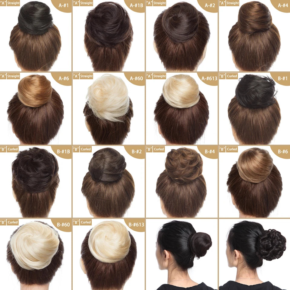 S-noilite 30g Hair Bun Curly Or Straight Chignon 100% Human Hair Donut Hairpiece Brown Blonde Headwear Wrap On Elastic Scrunchie