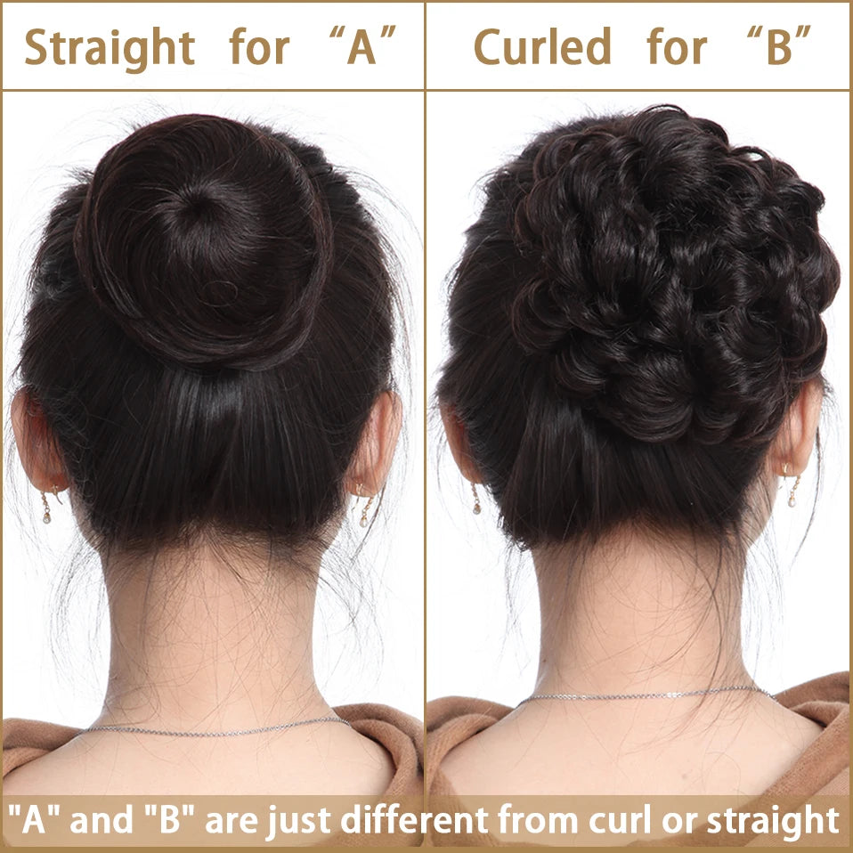 S-noilite 30g Hair Bun Curly Or Straight Chignon 100% Human Hair Donut Hairpiece Brown Blonde Headwear Wrap On Elastic Scrunchie