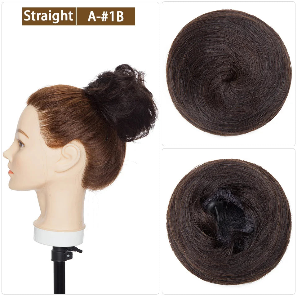 S-noilite 30g Hair Bun Curly Or Straight Chignon 100% Human Hair Donut Hairpiece Brown Blonde Headwear Wrap On Elastic Scrunchie