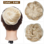 S-noilite 30g Hair Bun Curly Or Straight Chignon 100% Human Hair Donut Hairpiece Brown Blonde Headwear Wrap On Elastic Scrunchie