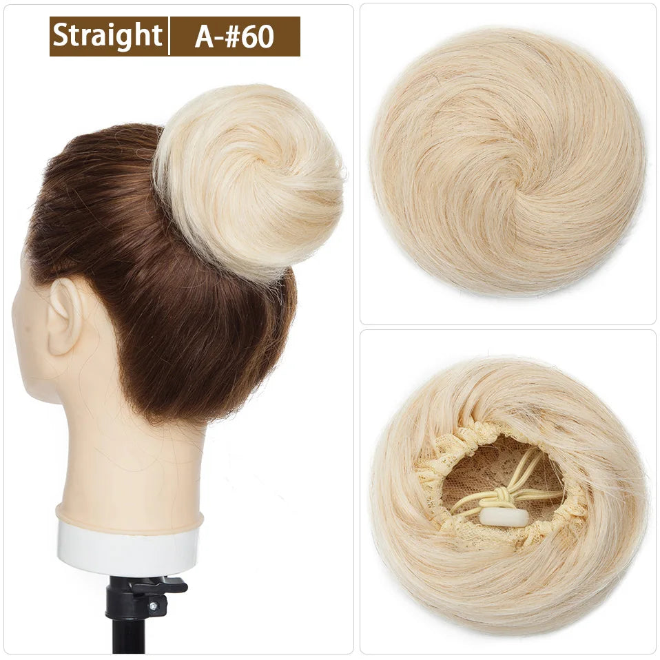 S-noilite 30g Hair Bun Curly Or Straight Chignon 100% Human Hair Donut Hairpiece Brown Blonde Headwear Wrap On Elastic Scrunchie