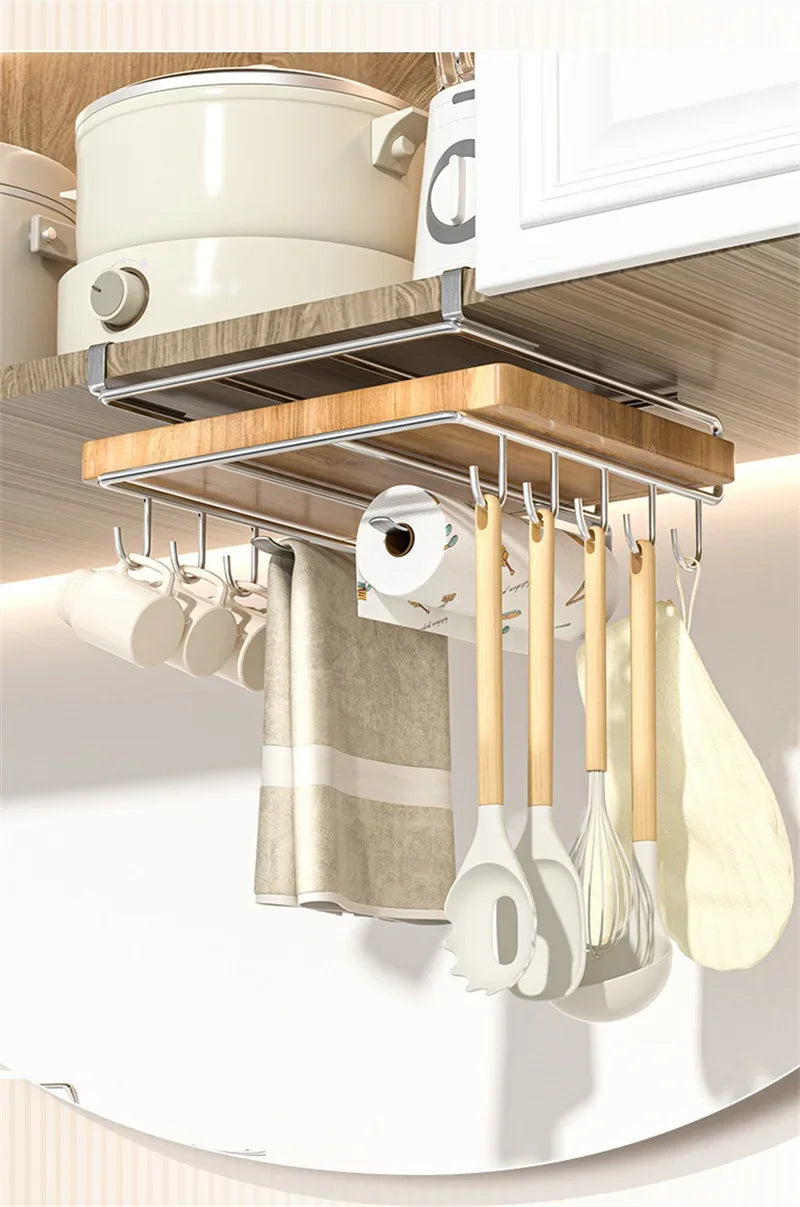 JUSTINLAU Stainless steel Kitchen Hanging Organizer Rack with Hook Paper Towel Rag Hanging Cutting Board Pot Cover Storage Shelf