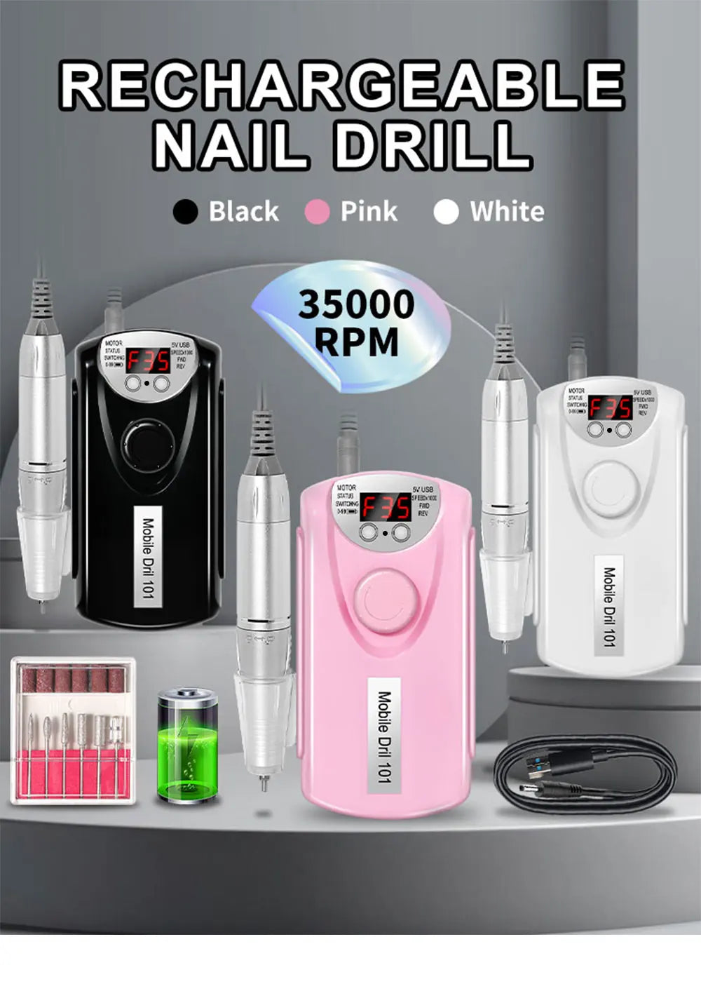 35000RPM Nail Drill Machine for Nails Rechargeable Manicure Low Noise Professional Electric Nail Drill Motor Polishe Sander Tool