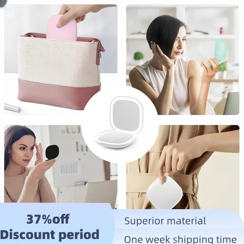 Portable LED Travel Makeup Mirror with 2X Magnification and Three Level Dimming - Double Sided, Handheld, Compact and Folding