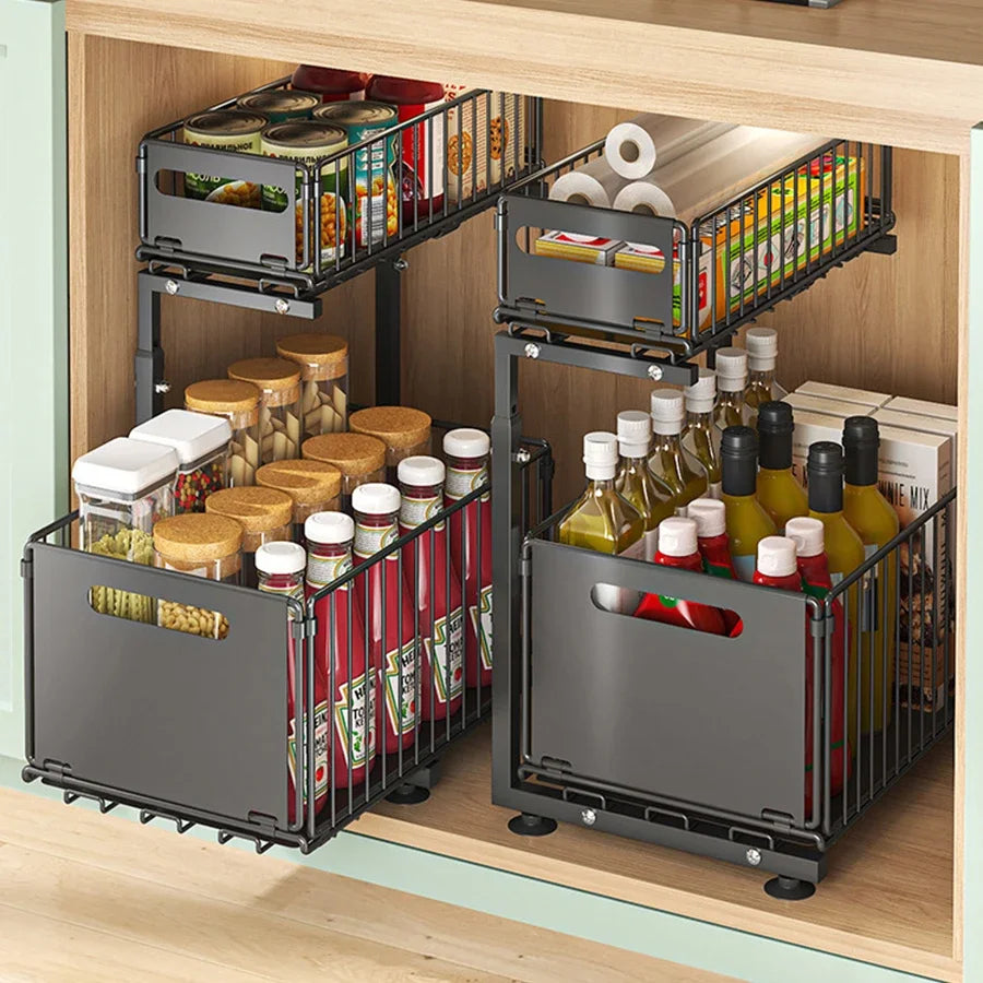 Pull-Out Under Sink Organizer, 2-Tier Adjustable Height Sliding Shelf for Kitchen/Bathroom Cabinet Storage, Black & White Imagen secundaria del producto