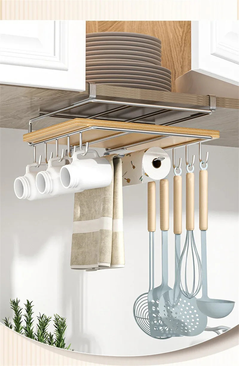 JUSTINLAU Stainless steel Kitchen Hanging Organizer Rack with Hook Paper Towel Rag Hanging Cutting Board Pot Cover Storage Shelf