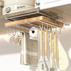 JUSTINLAU Stainless steel Kitchen Hanging Organizer Rack with Hook Paper Towel Rag Hanging Cutting Board Pot Cover Storage Shelf