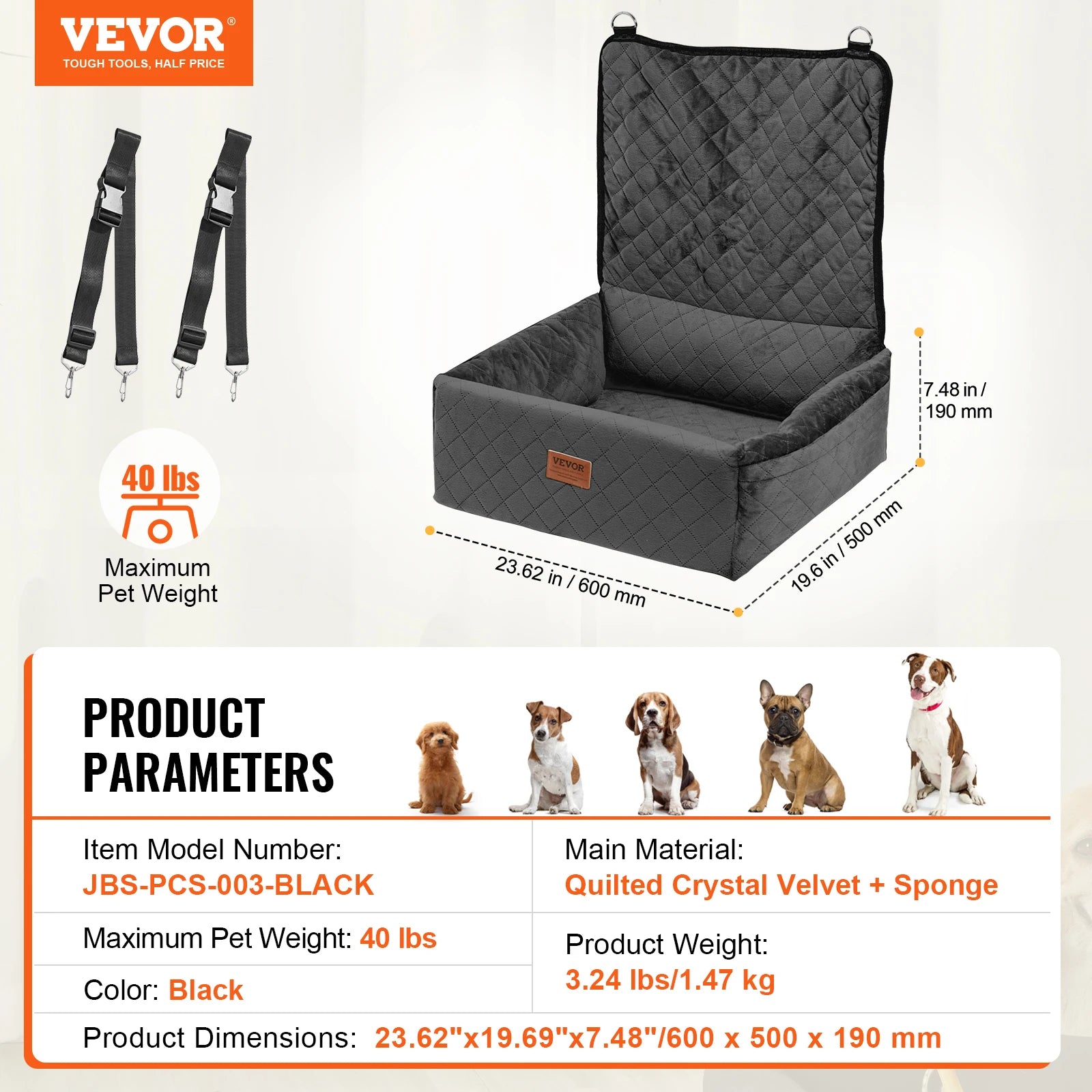 SucceBuy Dog Car Seat Waterproof Dog Booster Seat Pet Car Seat with Clip-On Safety Leash PP Cotton Car Bed for Medium Large Dog