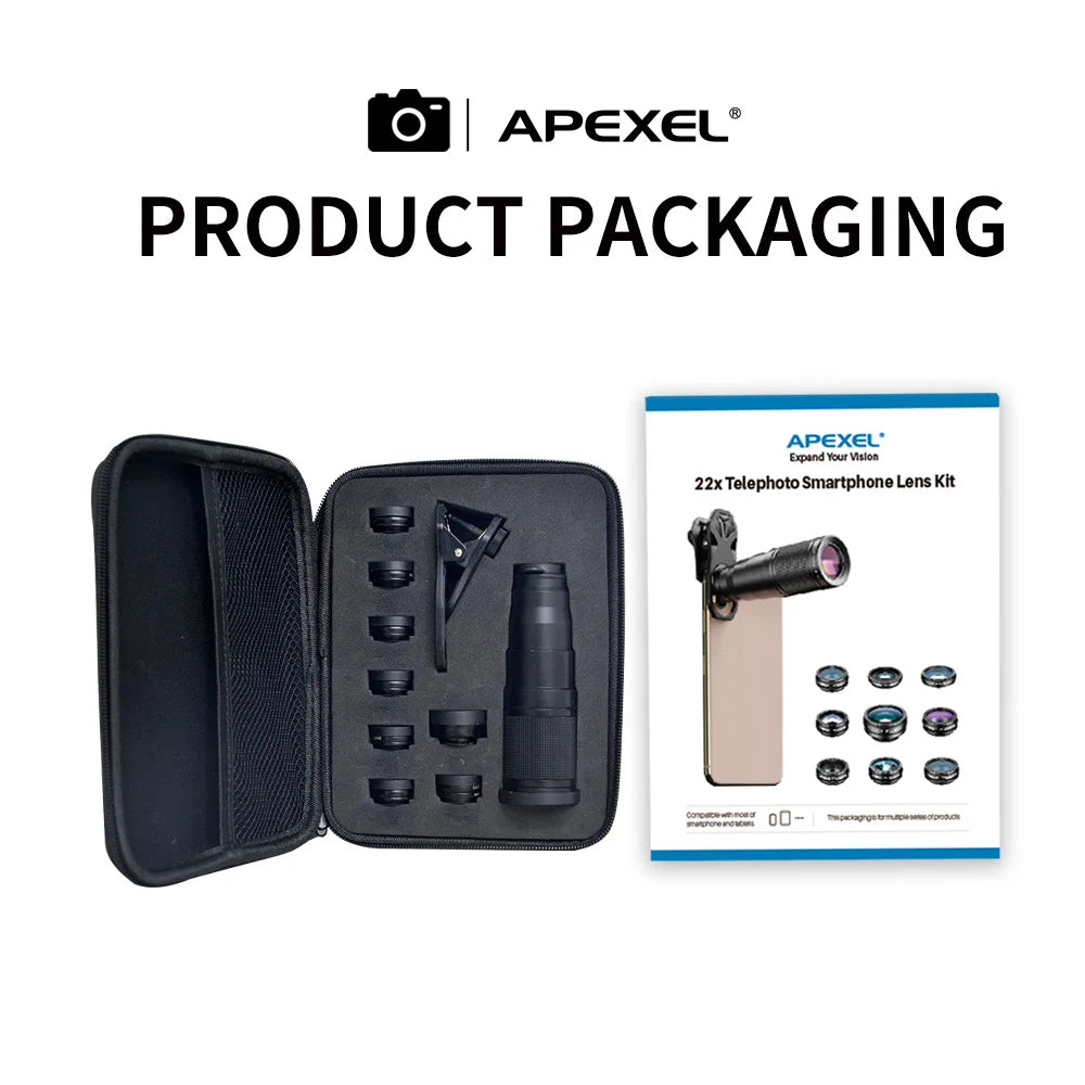 APEXEL 22X Telephoto Lens Kit for iPhone Samsung 10in1 Set Phone Camera Lens Wide Macro Filter Lens for Mobile Phone Accessories Image secondaire du produit