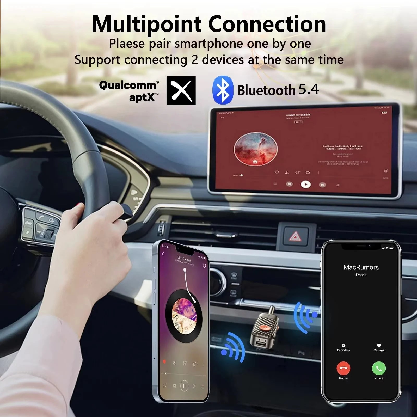 Bluetooth 5.4 Audio Transmitter Receiver 3.5MM AUX Hifi Stereo Music Wireless Adapter With Mic For Car Airplane TV PC Headphone Imagen secundaria del producto