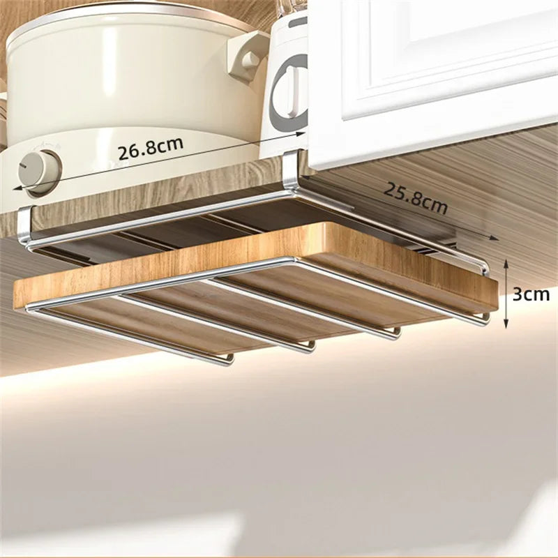 JUSTINLAU Stainless steel Kitchen Hanging Organizer Rack with Hook Paper Towel Rag Hanging Cutting Board Pot Cover Storage Shelf