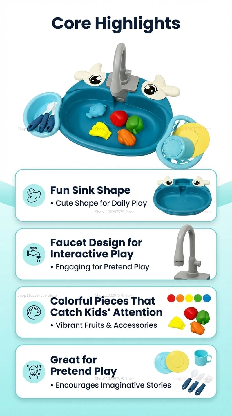 Children Play Kitchen Set with Simulated Dishwasher Sink Hand Basin Electric Circulating Water Toy for Boys Girls Kids Role Play