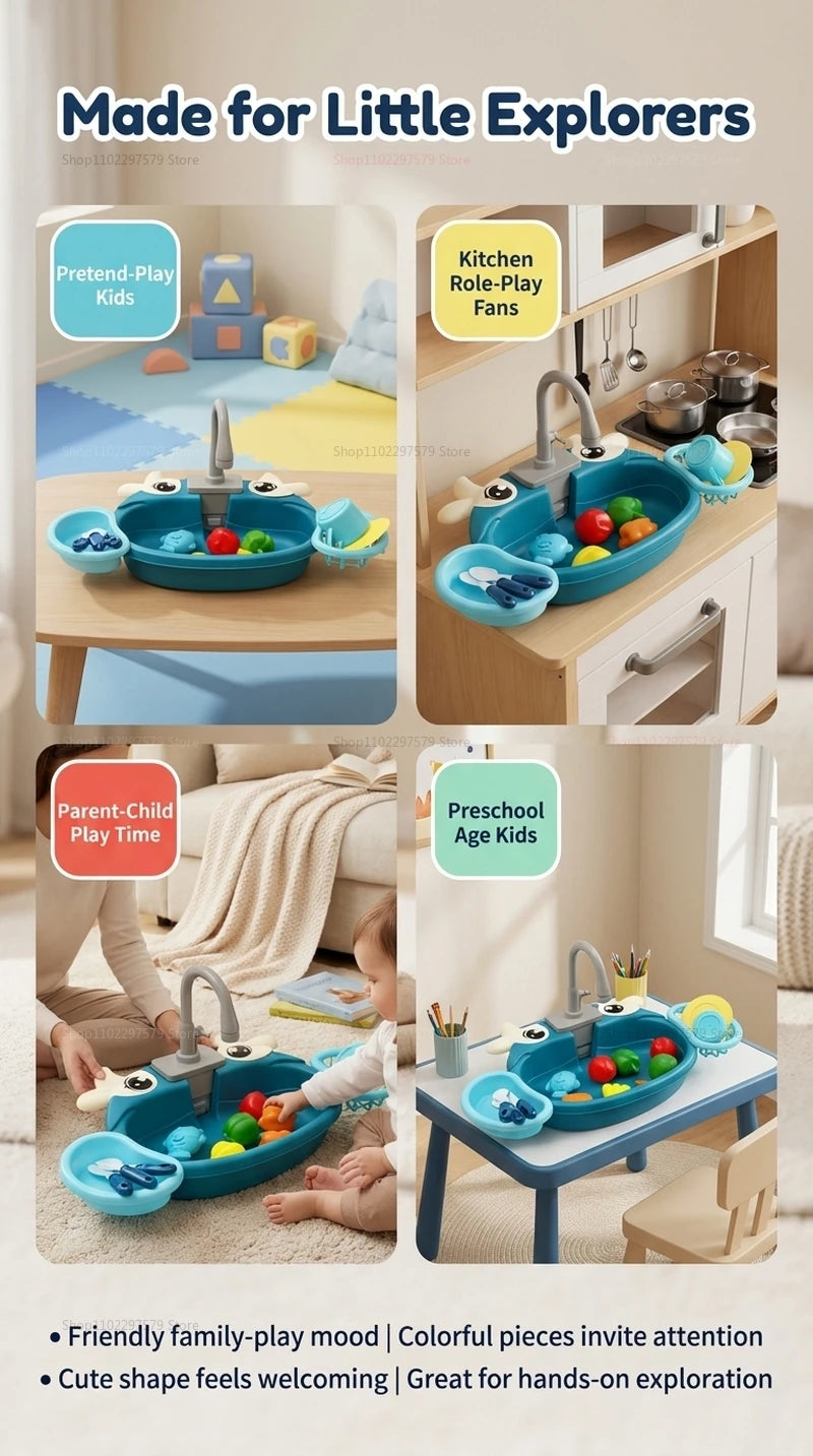 Children Play Kitchen Set with Simulated Dishwasher Sink Hand Basin Electric Circulating Water Toy for Boys Girls Kids Role Play