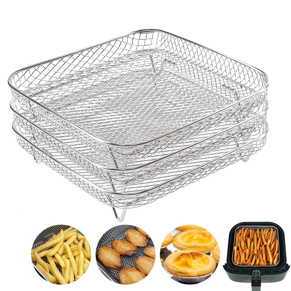 3Layer Air Fryer Racks Stainless Steel Square Air Fryer Basket Tray Stackable Dehydrator Racks Air Fryer Accessories Fit Kitchen Imagen principal del producto