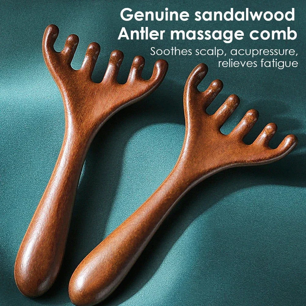 Natural Golden Sandalwood Five-Claw Scalp Massager Gua Sha Tool Back Scratcher Spa Handheld Meridian Massage Comb Hair Care Main image