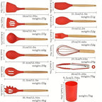 12pcs Set of Multi-color Silicone Wooden Handle Kitchenware Set Non Stick Pot Spatula and Spoon Cooking Utensils, Heat-resistant