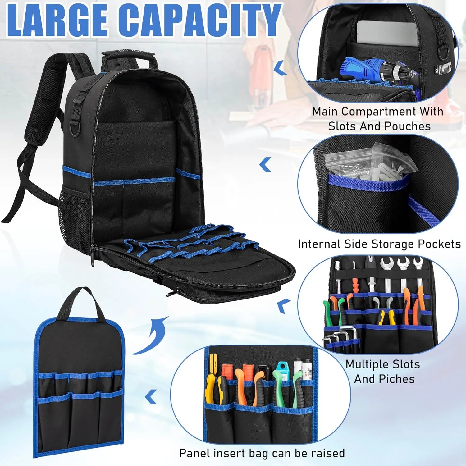 Tool Backpack, Heavy Duty Tool Bag with Padded Shoulder and Removable Tool Organizer, Water-Resistant Work Backpack, for Electricians Imagen secundaria del producto